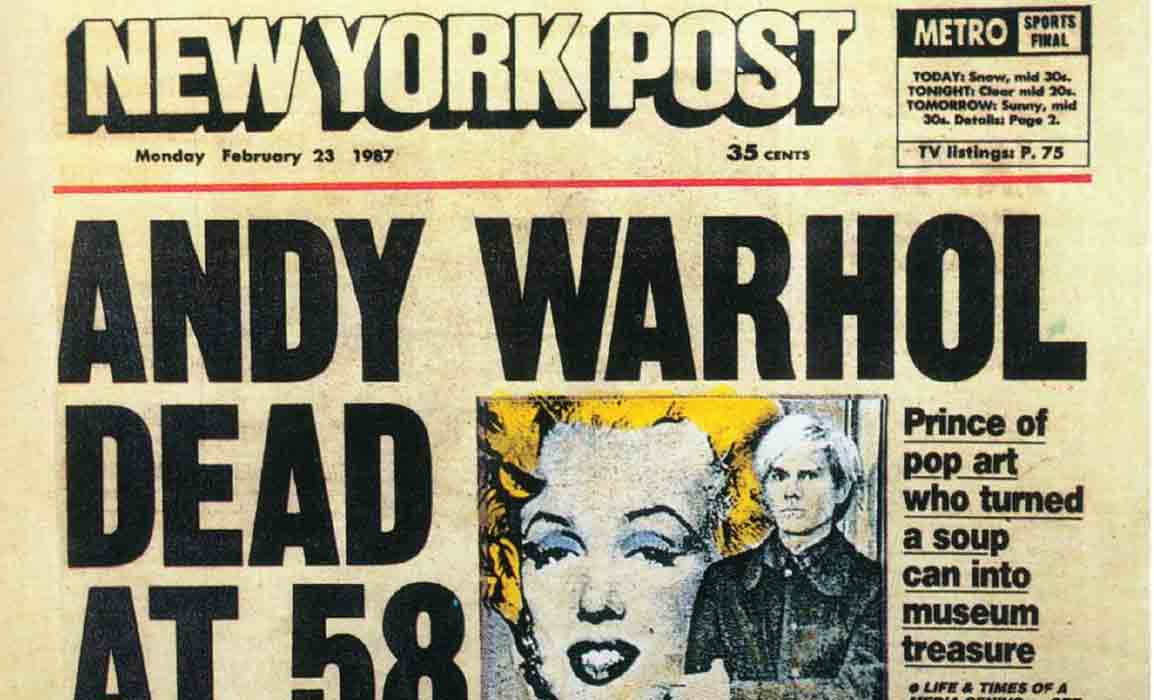 Jornal noticiando morte de Andy Warhol