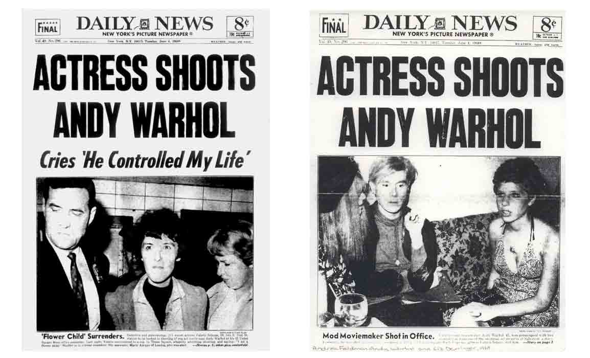 Newspaper headline - Andy Warhol was shot by Valerie Solanas