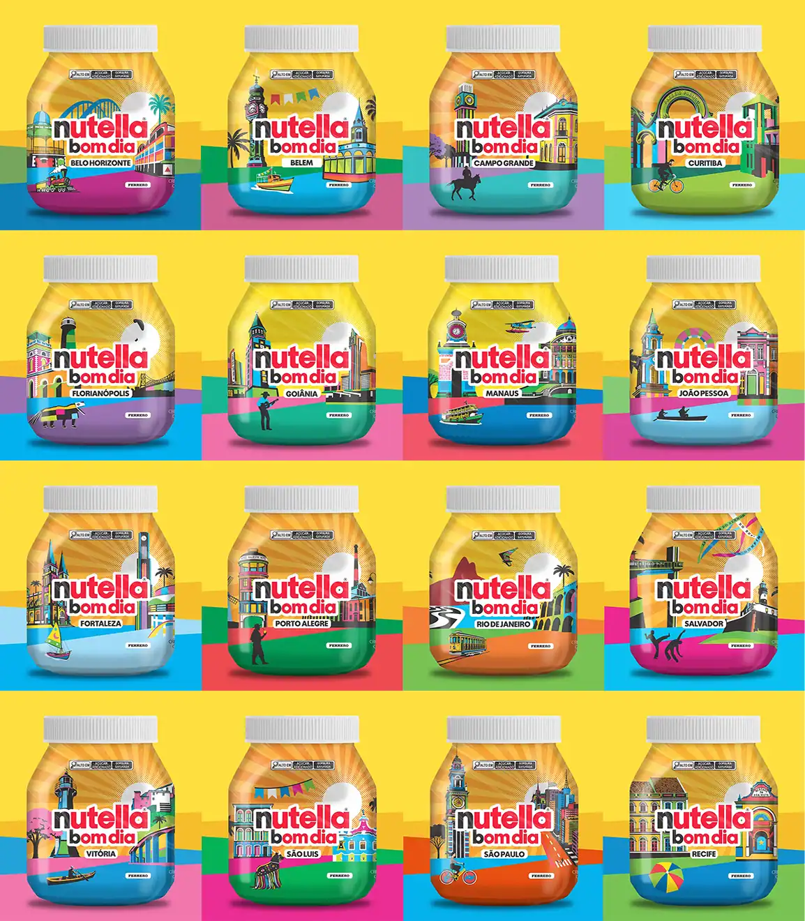 Coleção Nutella Bom Dia com 16 embalagens ilustradas por Lobo Pop Art, representando capitais das cinco regiões do Brasil
