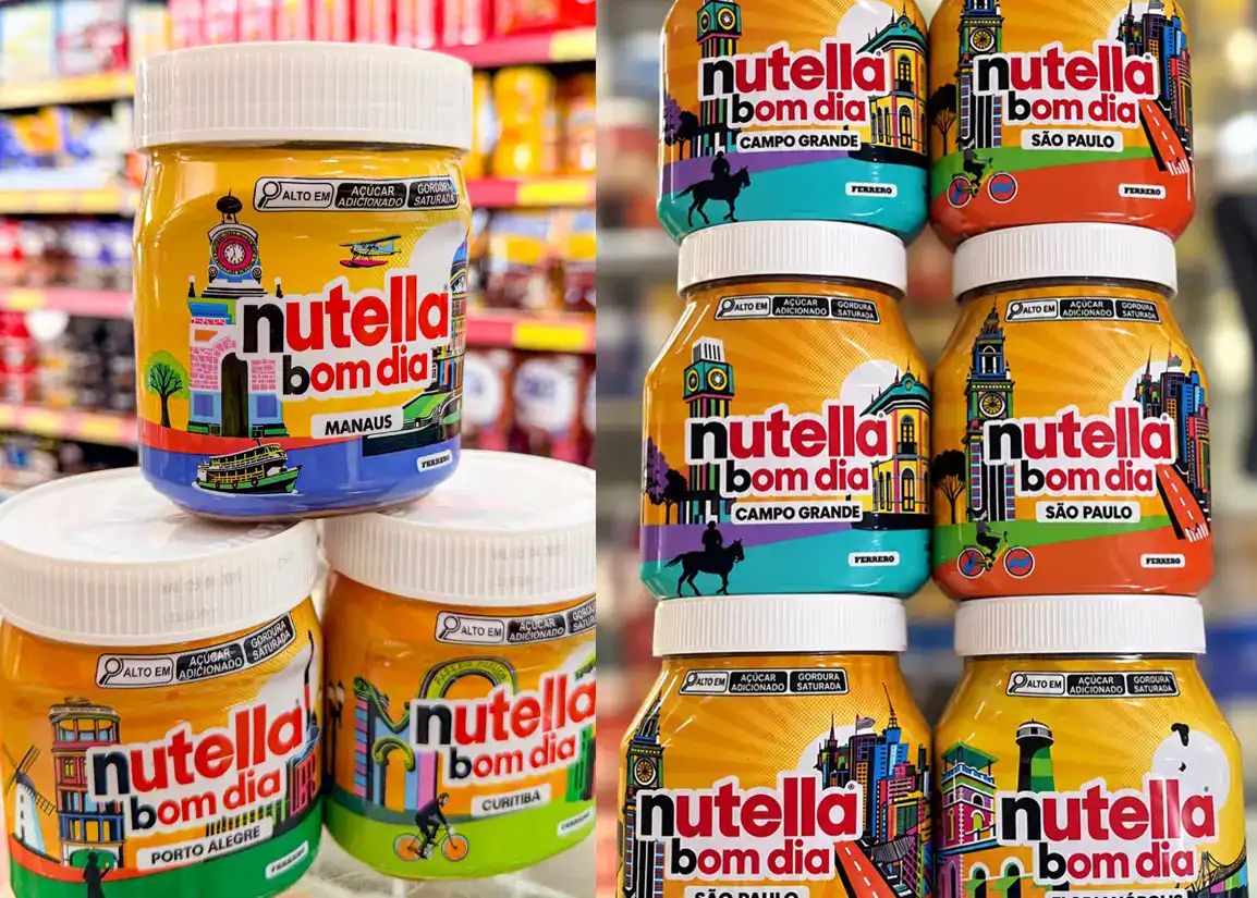 Embalagens Nutella Bom Dia com artes de Lobo Pop Art em contexto de loja, incluindo Manaus, Porto Alegre, Curitiba, Campo Grande e São Paulo