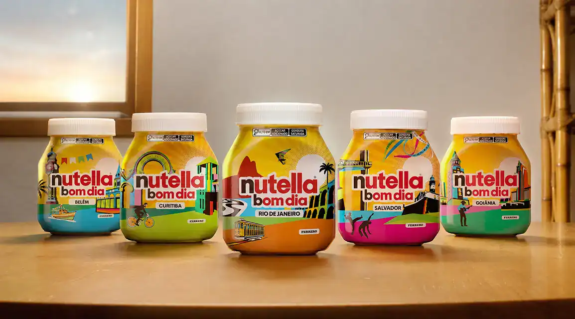 Cinco embalagens reais da coleção Nutella Bom Dia com artes de Lobo Pop Art para Belém, Curitiba, Rio de Janeiro, Salvador e Goiânia