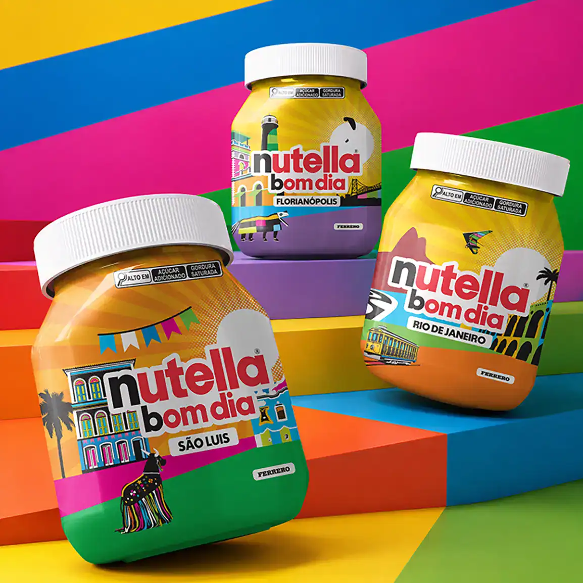 Embalagens Nutella Bom Dia para São Luís, Florianópolis e Rio de Janeiro, com artes de Lobo Pop Art