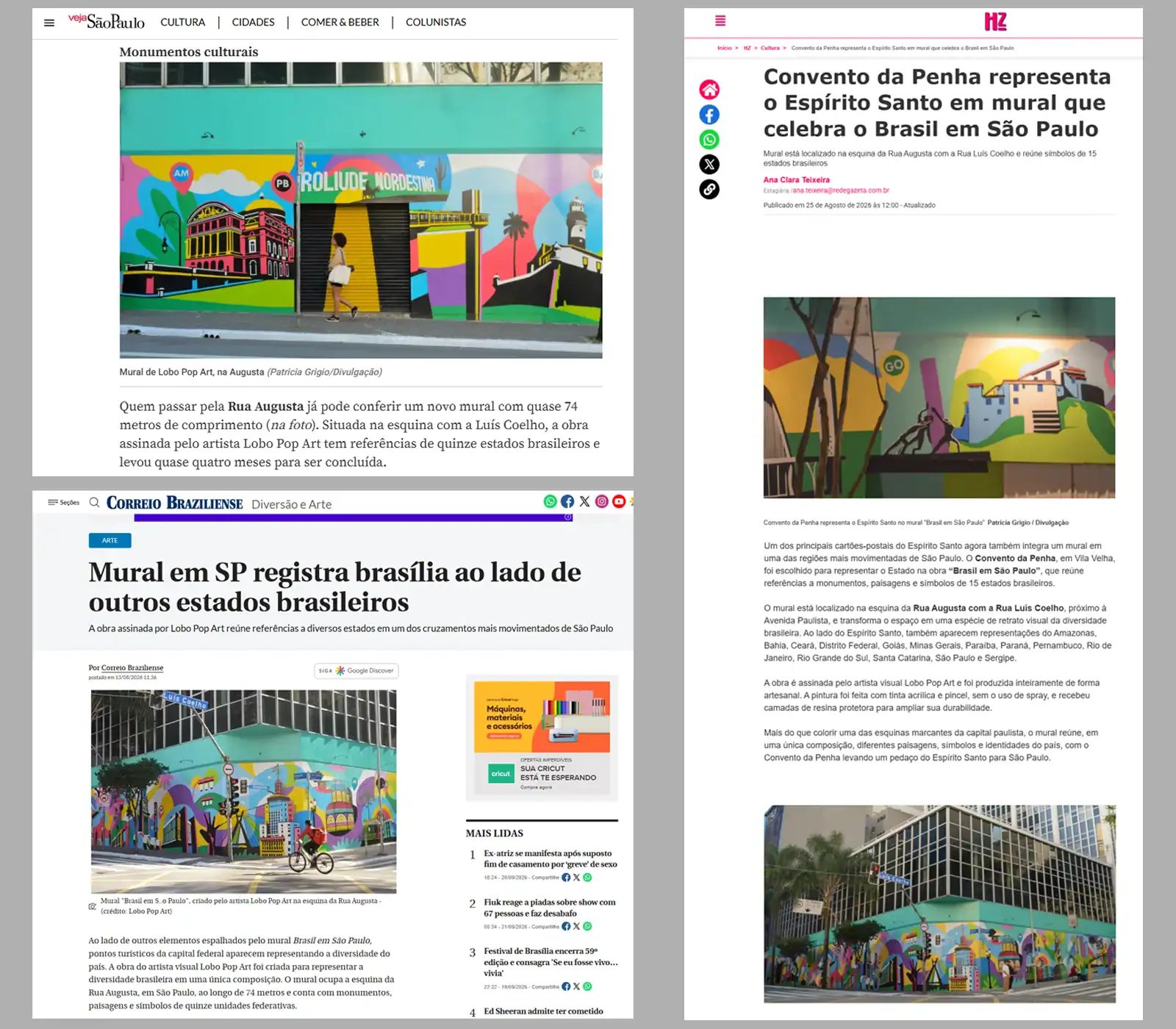 Matérias da VEJA São Paulo, Correio Braziliense e A Gazeta sobre o mural Brasil em São Paulo, de Lobo Pop Art