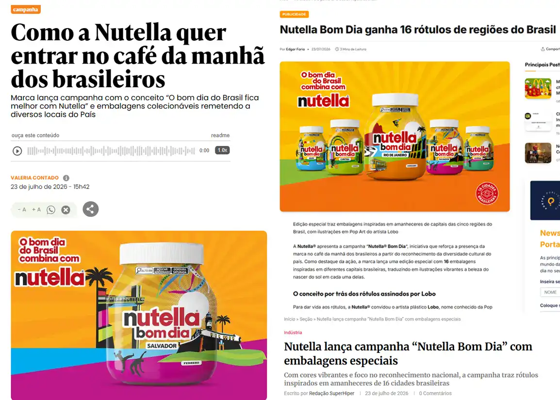 Montagem com matérias da imprensa sobre a campanha Nutella Bom Dia e as embalagens ilustradas por Lobo Pop Art