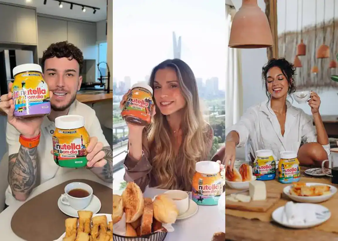 Pessoas segurando embalagens Nutella Bom Dia com artes de Lobo Pop Art em contexto de campanha e redes sociais